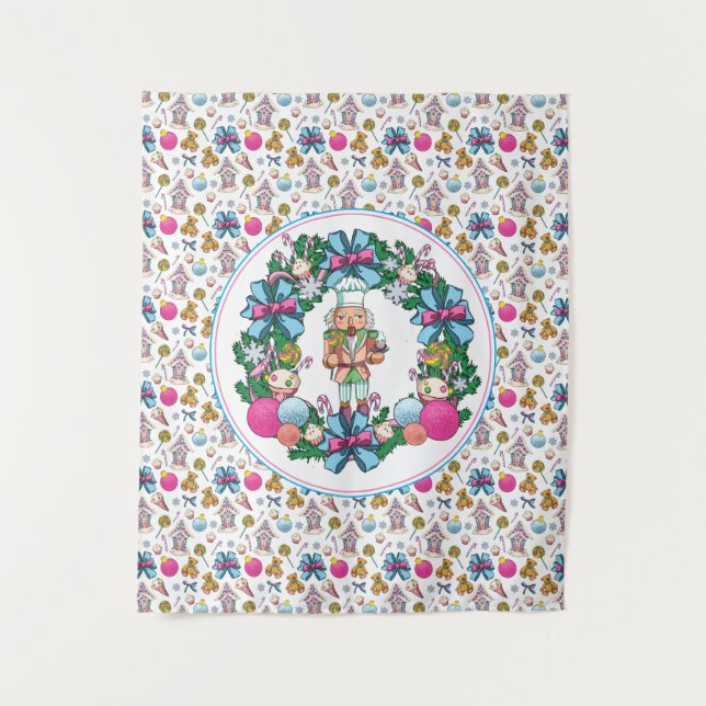 Tenture Couronne de Noël Cute Rose et Bleu Casse-Noisette (Devant)