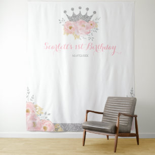 Tenture Couronne Rose Argent Princesse Héritière Photoboot