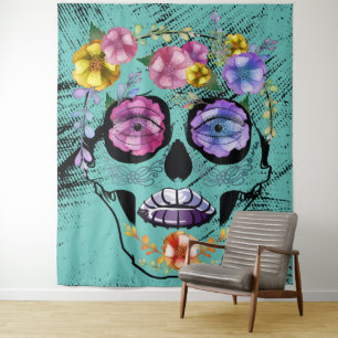 Tenture Crâne à sucre Crâne à fleurs Turquoise Femme