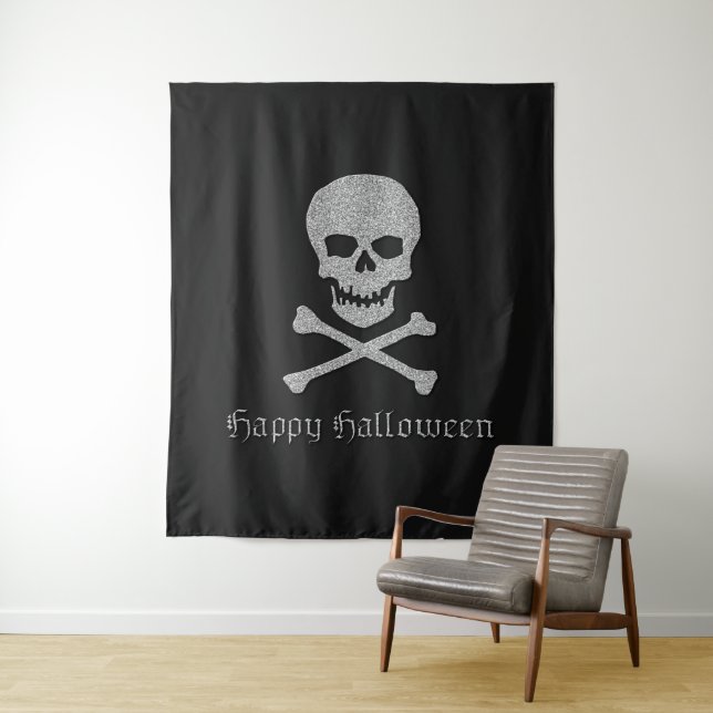 Tenture Crâne d'argent et os croisés Fond d'Halloween (En situation)