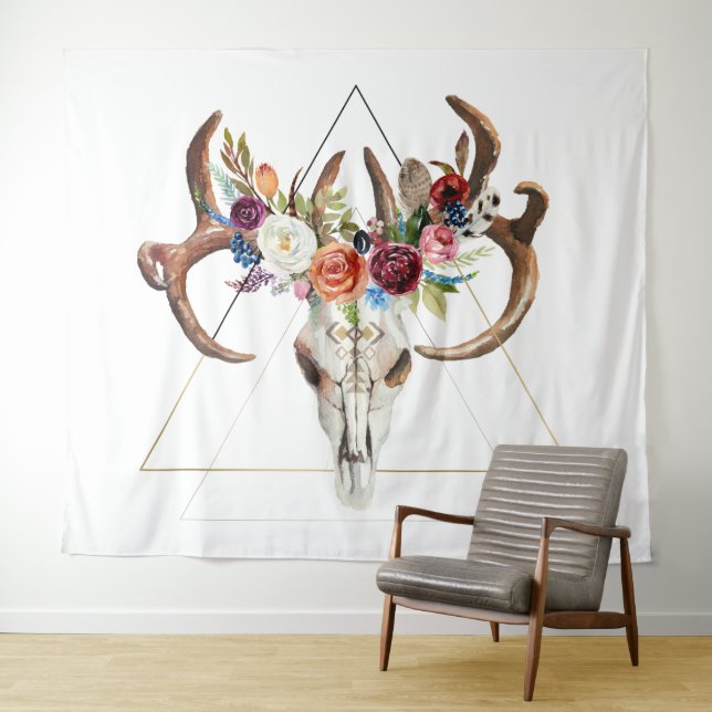 Tenture Crâne de taureau floral boho géométrique (En situation (horizontale))