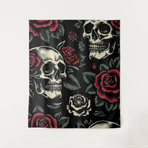 Tenture Crânes et roses rouges florale gothique