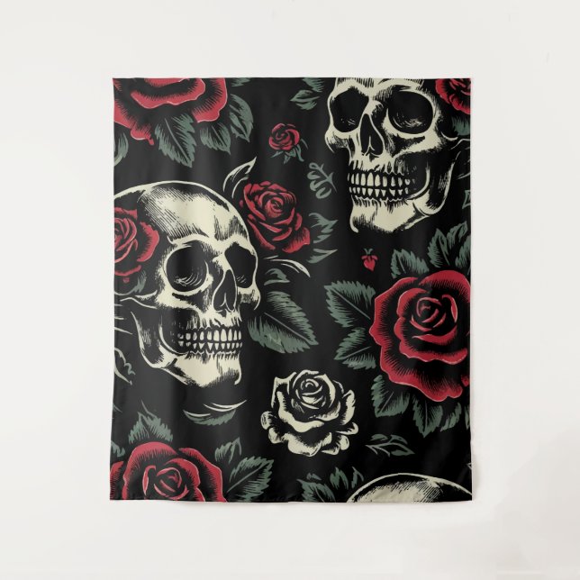 Tenture Crânes & Roses Rouges Floral Gothique (Devant)