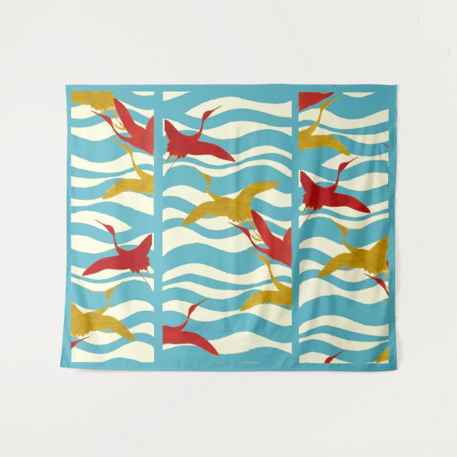 TENTURE CRANES ROUGES JAUNES VOLANT SUR DES VAGUES BLANCHE (Devant (Horizontal))