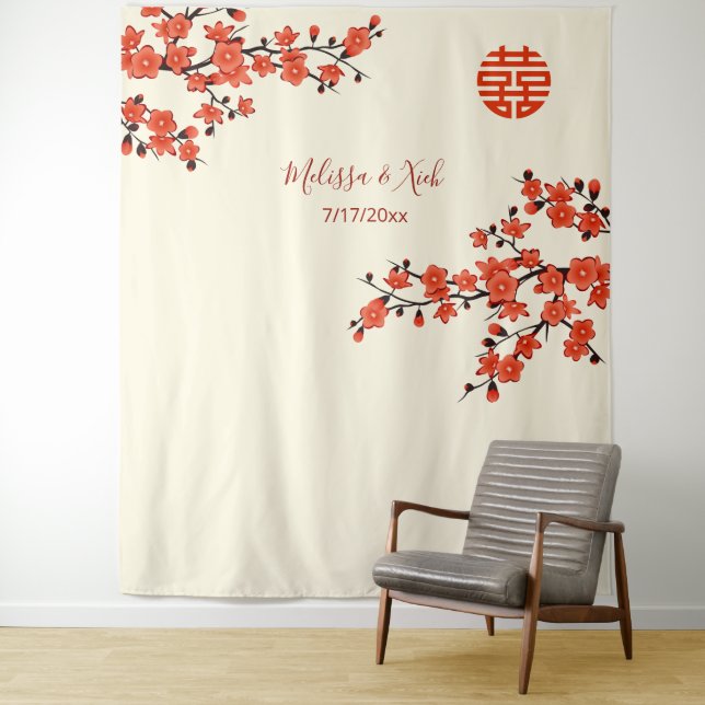 Tenture Crème de fleurs de cerisiers fond Mariage chinois (En situation)