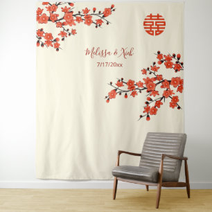 Tenture Crème de fleurs de cerisiers fond Mariage chinois
