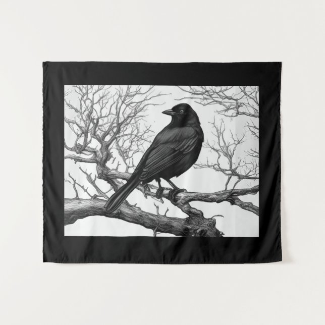 Tenture Crow Perched on Bare Winter Branches (Devant (Horizontal))