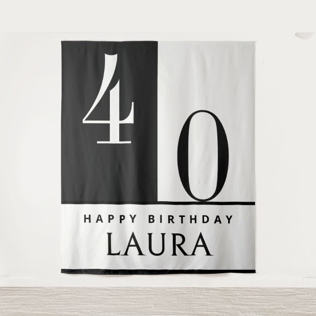 Tenture Custom Name & Age Banner, Black and White Birthday (Devant)