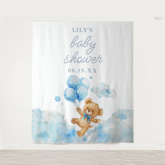 Tenture Cute Bearly Wait Blue Boy Baby shower photo Prop (Devant)