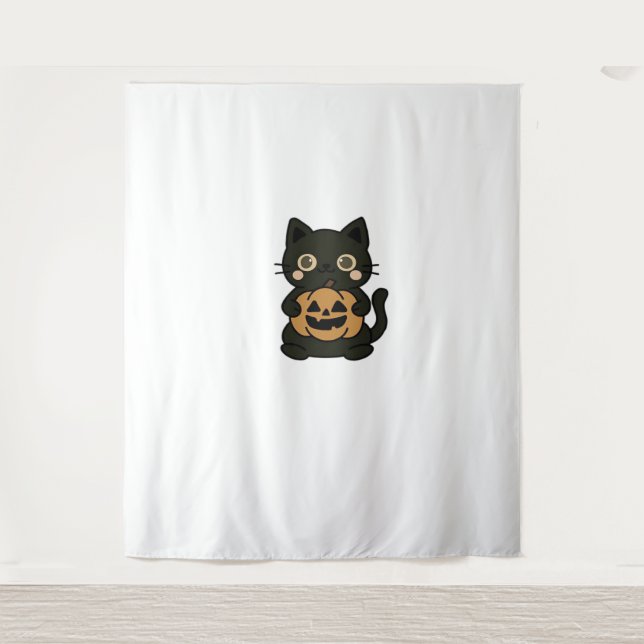 Tenture Cute Black Cat Holding Jack-o'-lantern Citrouille  (Devant)