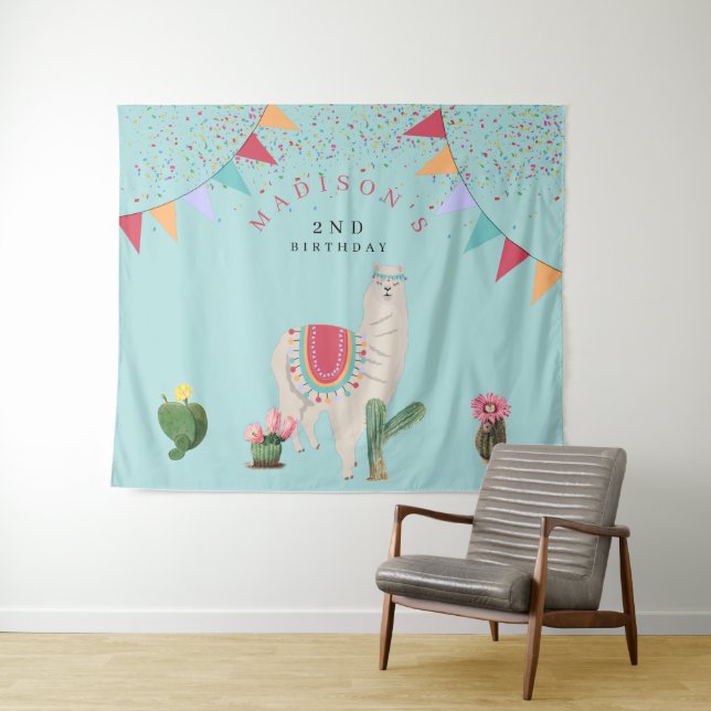 Tenture Cute Fiesta Lama et Cactus Enfants Anniversaire  (En situation (horizontale))
