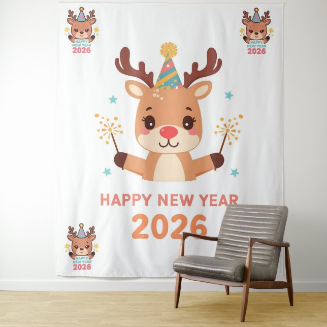 Tenture cute funny reindeer happy new year party backdrop (En situation)