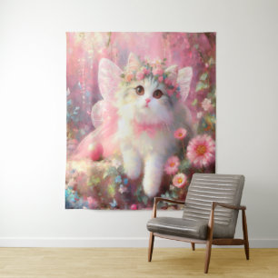 Tenture Cute Kitty en peinture Rose et Fleurs