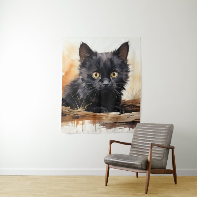 Tenture Cute noir Chat aquarelle Art (En situation)