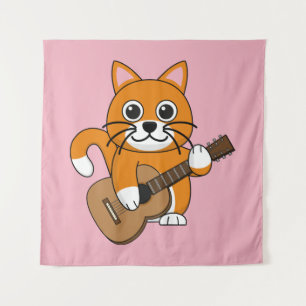 Tenture Cute Orange Chat Blanc Jouer Caricature Guitare