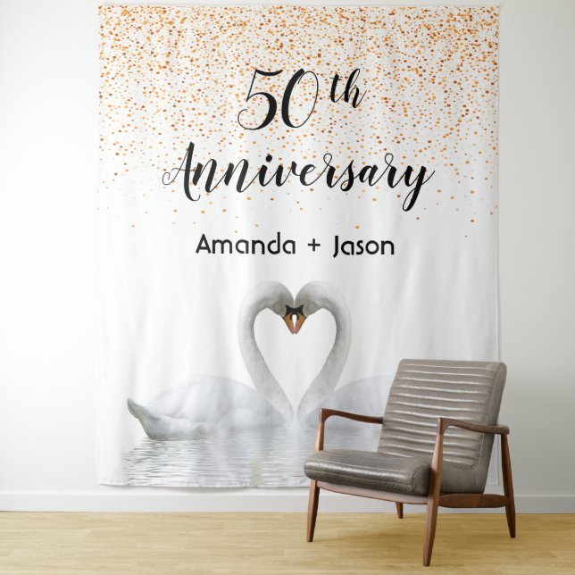 Tenture Cygnes blancs d'or 50e anniversaire amoureux (En situation)