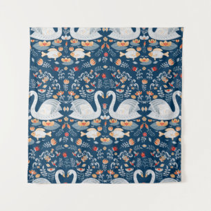 Tenture Cygnes, poissons, fleurs, motif folklorique.