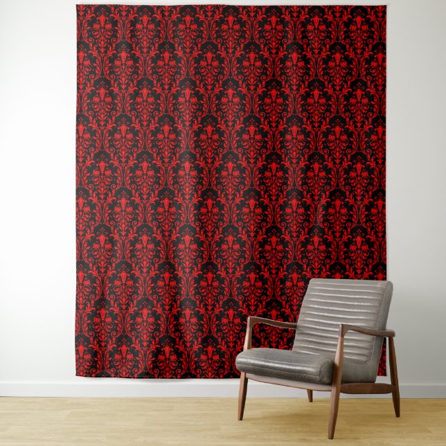 Tenture Damask Rouge sur Fond Floral Noir Chic Élégant (En situation)