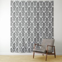 Damassé noir sur fond floral blanc Chic Élégant