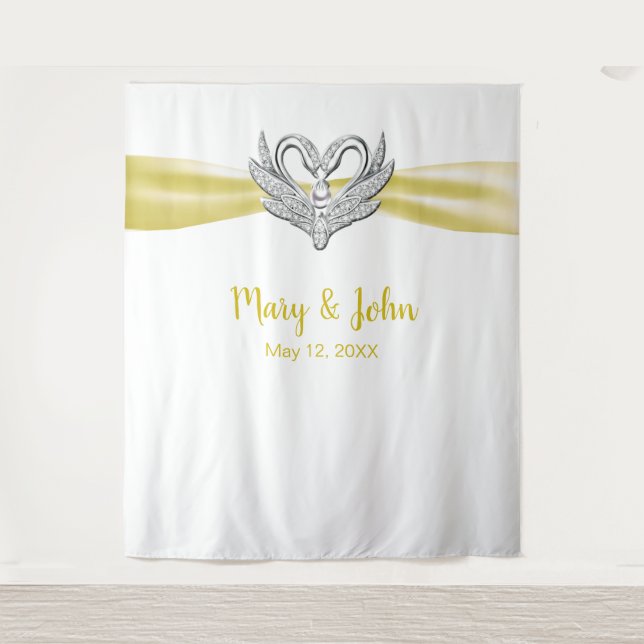 Tenture Décor de fond de mariage aux cygnes argentés et ru (Devant)