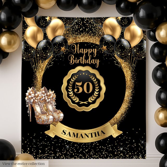 Tenture Décor élégant Black Gold 50th Birthday (Stylish Black Gold 50th Birthday Banner Decor)