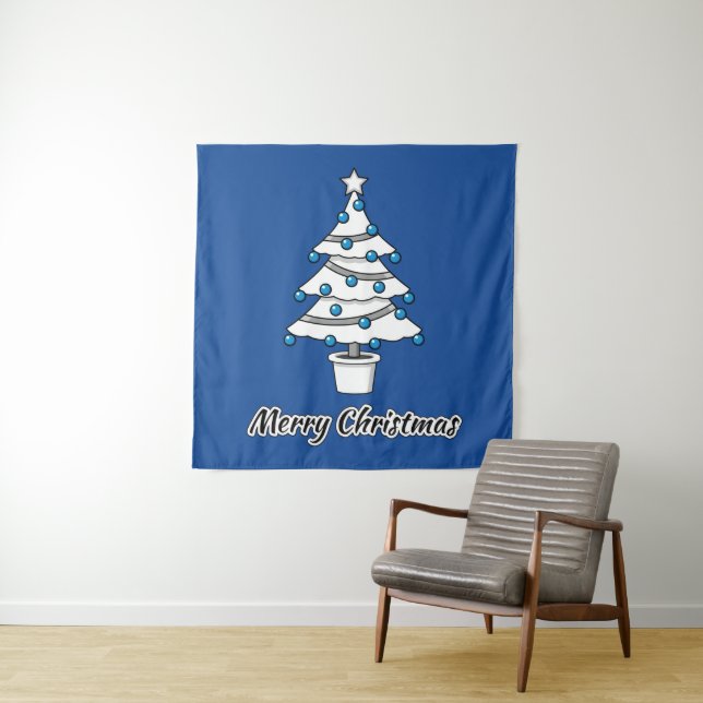 Tenture Décorations Bleues Arbre de Noël Blanc - Joyeux No (En situation)