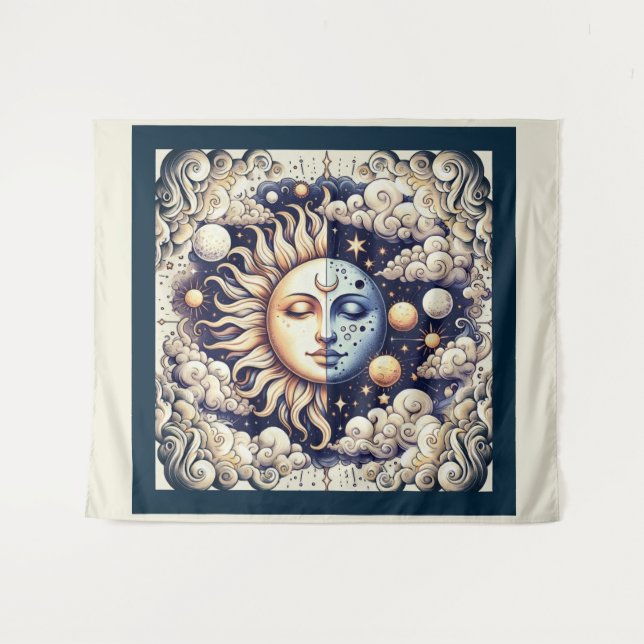 Tenture Demi-soleil céleste vintage et bleu lune jaune (Devant (Horizontal))