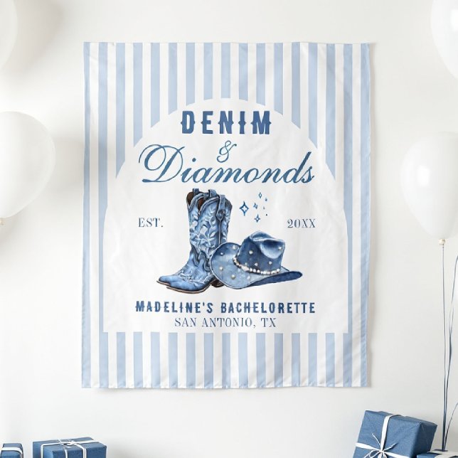 Tenture Denim Diamonds Bachelorette Arrière-plan Boot de l (denim diamonds bachelorette backdrop photo booth hand drawn cowgirl hat boots blue white stripes)