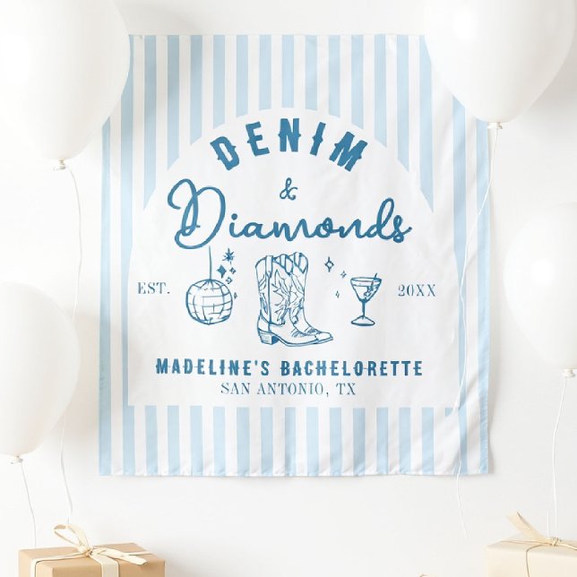 Tenture Dénim Diamonds Bachelorette Arrière-plan main tiré (denim diamonds bachelorette backdrop photo booth hand drawn cowgirl blue white arch)
