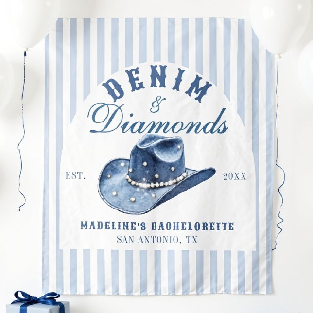 Tenture Dénim et diamants Bachelorette arrière-plan (denim diamonds bachelorette backdrop photo booth hand drawn cowgirl hat blue white stripes)