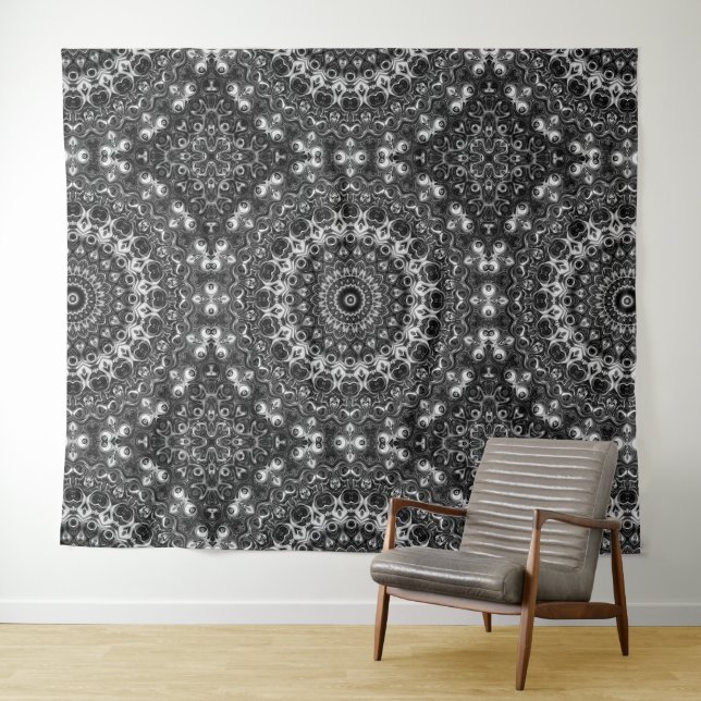 Tenture Design géométrique Mandala noir et blanc (En situation (horizontale))