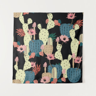 Tenture Dessin à la main Cactus Plante et fleurs Chat sans
