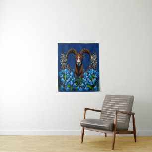 Tenture Dessin animé d'un mouflon d'Amérique avec le bleu 