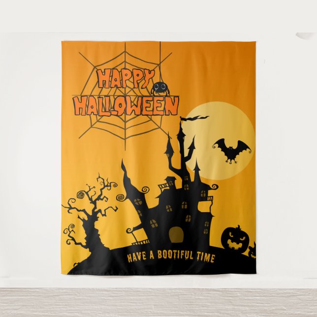 Tenture Dessin Haunted Mansion Halloween sur fond de fête  (Devant)