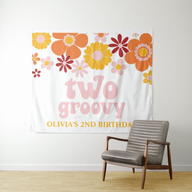 Tenture Deux bannières d'anniversaire florales rétro Groov (En situation (horizontale))