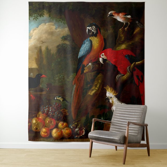 Tenture Deux Macaws un Cockatoo et une Jay aux fruits (En situation)