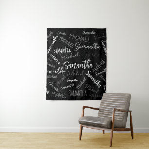 Tenture Deux noms couple motif monogramme noir gris blanc