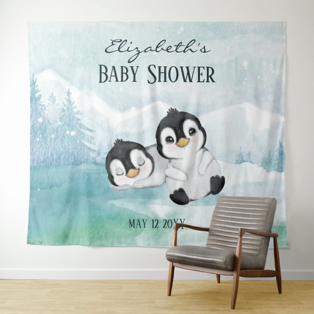 Tenture Deux pingouins adorables en arrière-plan Baby show (En situation (horizontale))