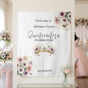 Tenture Diadème en or floral blush aquarelle Quinceañera