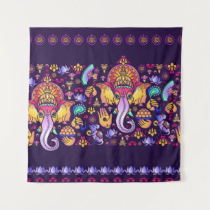Tenture Dieu hindou Ganesha et symboles indiens en bande