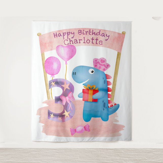 Tenture Dinosaure féminin personnalisé pour 3 ans d'annive (Devant)