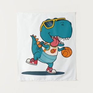 Tenture dinosaure jouant au basket-ball