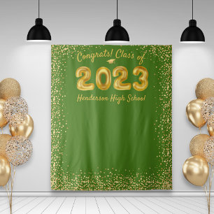 Tenture Diplôme 2023 Ballons Dorés Fond Vert pour Photos