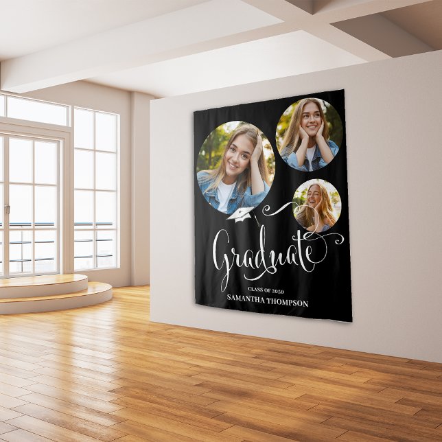 Tenture Diplômé noir et blanc Photo Party (Graduation photo Graduate typography backdrop. )