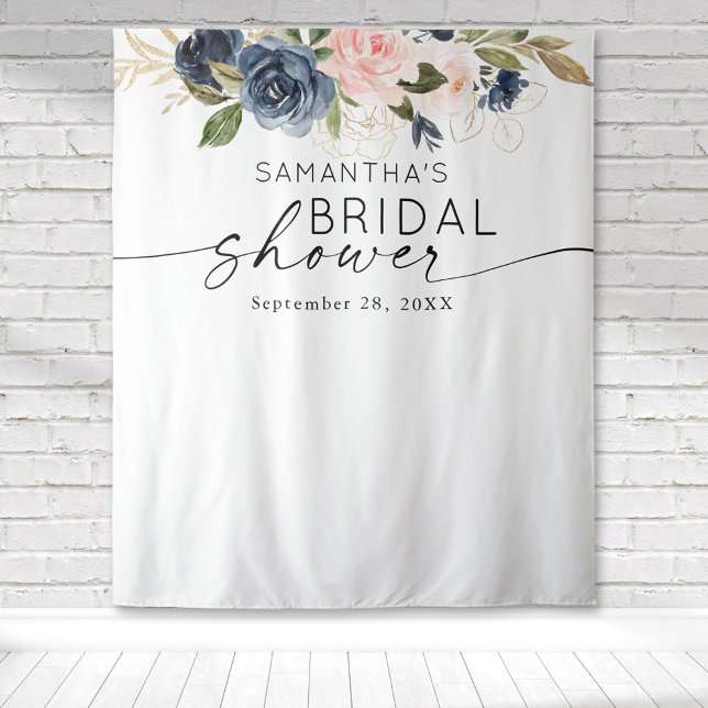 Tenture Douce Aquarelle Rose Bleu Marine Fête de Mariage (Pink peony floral botanical gold watercolor design on this bridal shower tapestry backdrop.)