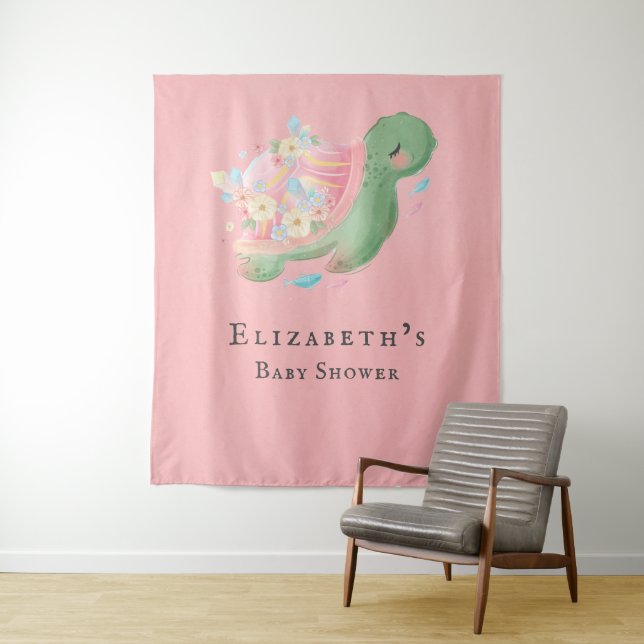 Tenture Douce Petite Tortue Rose Fille Baby Shower  (En situation)