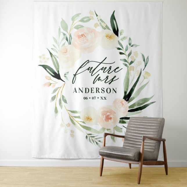 Tenture Douceur pêche + floral à l'aquarelle verte pour un (En situation)