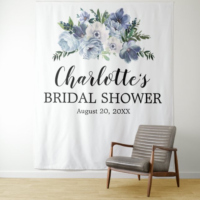 Tenture Douche de Mariage Fleurie Bleu Poussière (En situation)