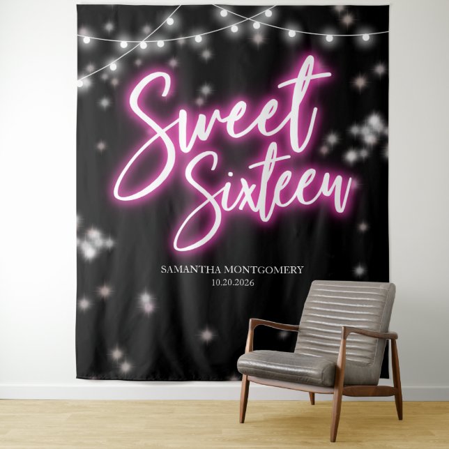 Tenture Doux 16 Anniversaire rose chaud Neon brillant noir (En situation)