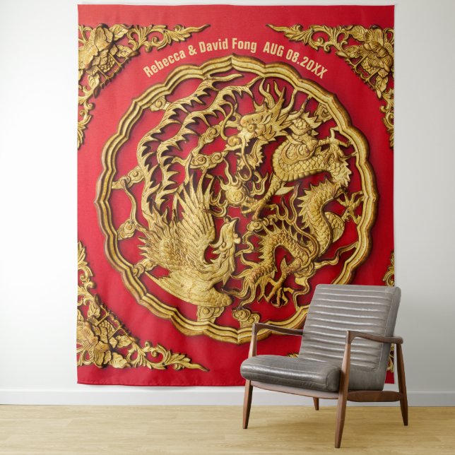 Tenture Dragon Phoenix Rouge or Mariage chinois fond (En situation)